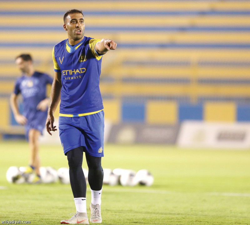 صورة التقطت أمس للمغربي عبد الرزاق حمد الله مهاجم فريق النصر الأول لكرة القدم خلال مشاركته في تدريبات فريقه بعد العودة من الإجازة (المركز الإعلامي ـ النصر)