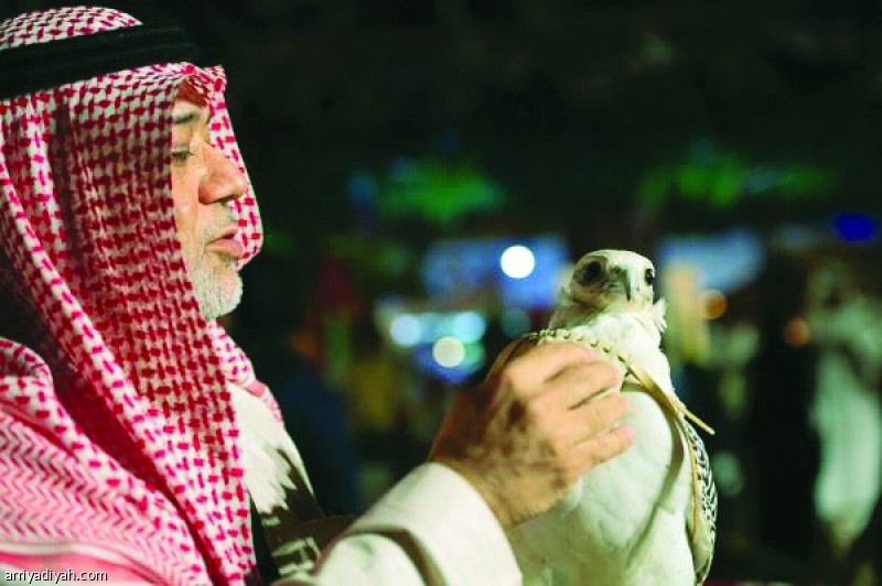صورة التقطت أمس الأول لطارق مصطفى الذي أعاده التقاعد على هوايته مجدداً (المركز الإعلامي لمزاد الصقور)